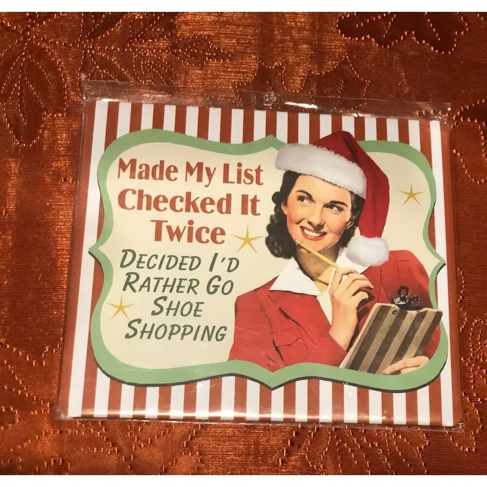 NWT NEW Retro Christmas Decor Metal Sign Made‎ My List Rather Go Shoe Shopping